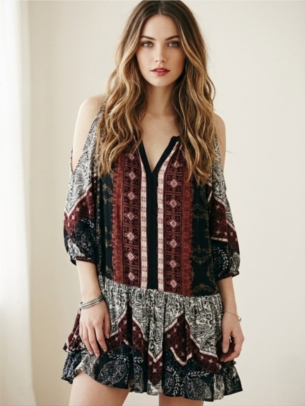 Free People XS Boho Patchwork Cold Shoulder Mini Dress Festival Whimsigoth